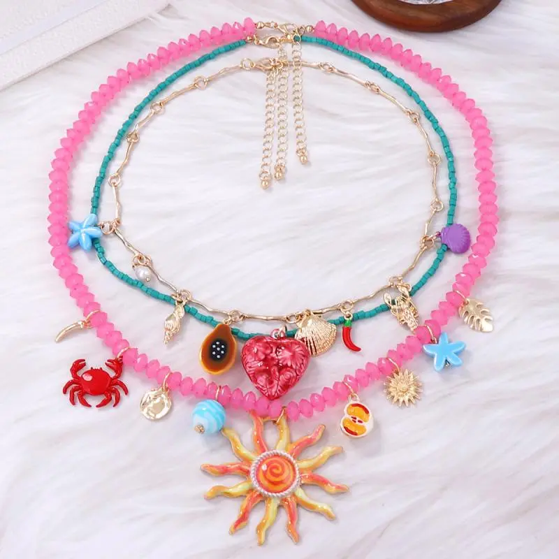 3Pcs/set New Colorful Resin Beaded Charms Necklaces For Women Summer Ocean Vacation Style Party Jewelry Neck Accessories