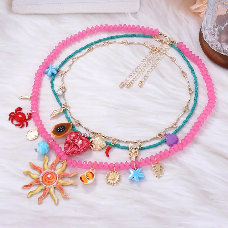 3Pcs/set New Colorful Resin Beaded Charms Necklaces For Women Summer Ocean Vacation Style Party Jewelry Neck Accessories