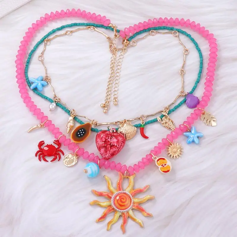 3Pcs/set New Colorful Resin Beaded Charms Necklaces For Women Summer Ocean Vacation Style Party Jewelry Neck Accessories