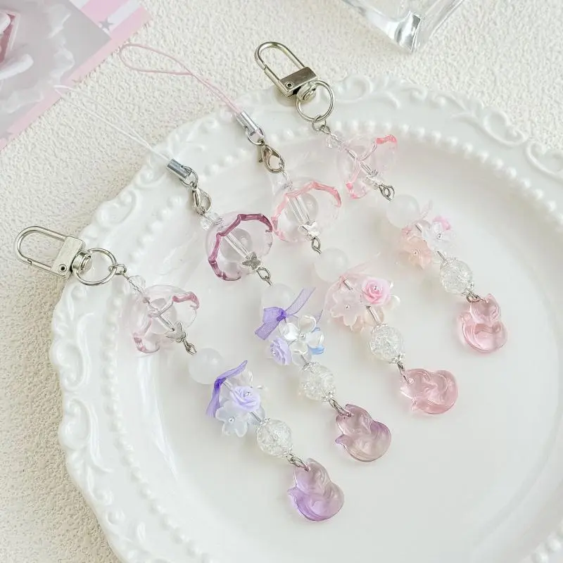 Elegant Wind Chime Flower Handmade Beaded Keychain Lovely Fox Mobile Phone Chain Lanyard Bag Pendant Friend Birthday Gift