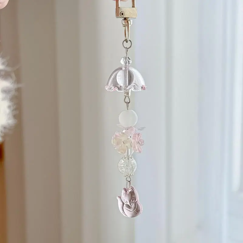 Elegant Wind Chime Flower Handmade Beaded Keychain Lovely Fox Mobile Phone Chain Lanyard Bag Pendant Friend Birthday Gift
