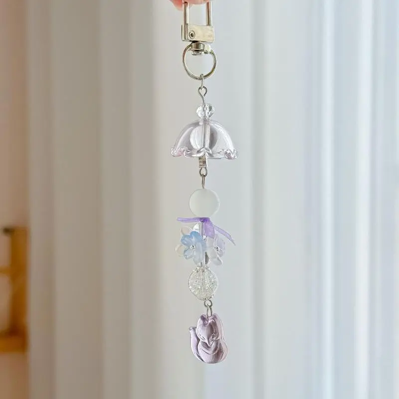 Elegant Wind Chime Flower Handmade Beaded Keychain Lovely Fox Mobile Phone Chain Lanyard Bag Pendant Friend Birthday Gift