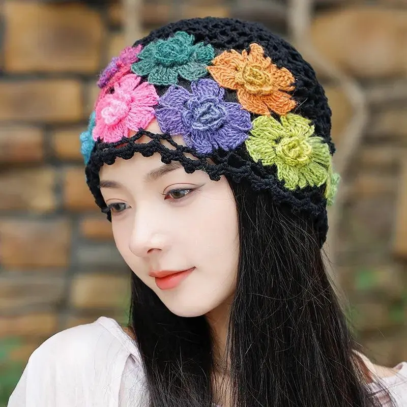 Japanese Spring Summer Literary And Artistic Colorful Flower Hollow Bag Head Hat Women Sweet Fashion Hand-crocheted Beanie Cap