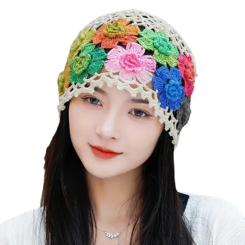 Japanese Spring Summer Literary And Artistic Colorful Flower Hollow Bag Head Hat Women Sweet Fashion Hand-crocheted Beanie Cap
