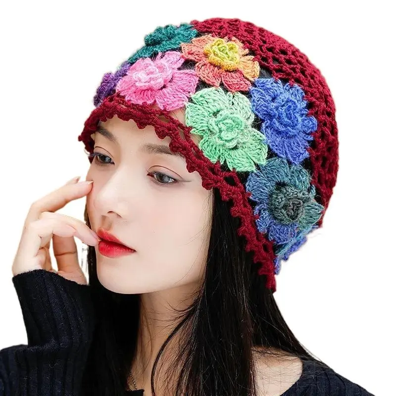 Japanese Spring Summer Literary And Artistic Colorful Flower Hollow Bag Head Hat Women Sweet Fashion Hand-crocheted Beanie Cap