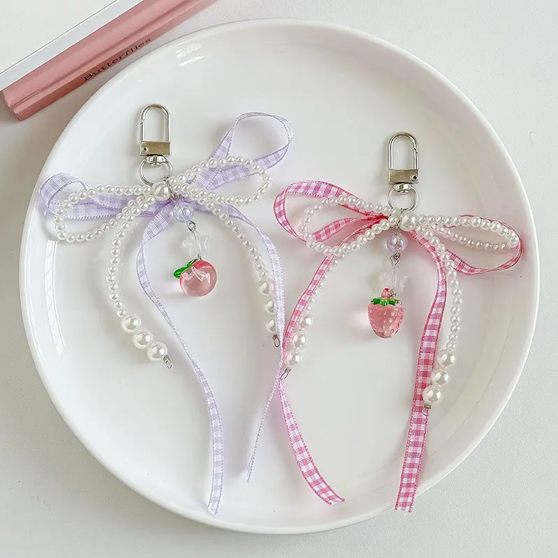 Sweet Plaid Ribbon Keychain Strawberry Charm Keyring Bowknot Pearl Phone Pendant Jewelry For Girl Women Gift Bag Decoration