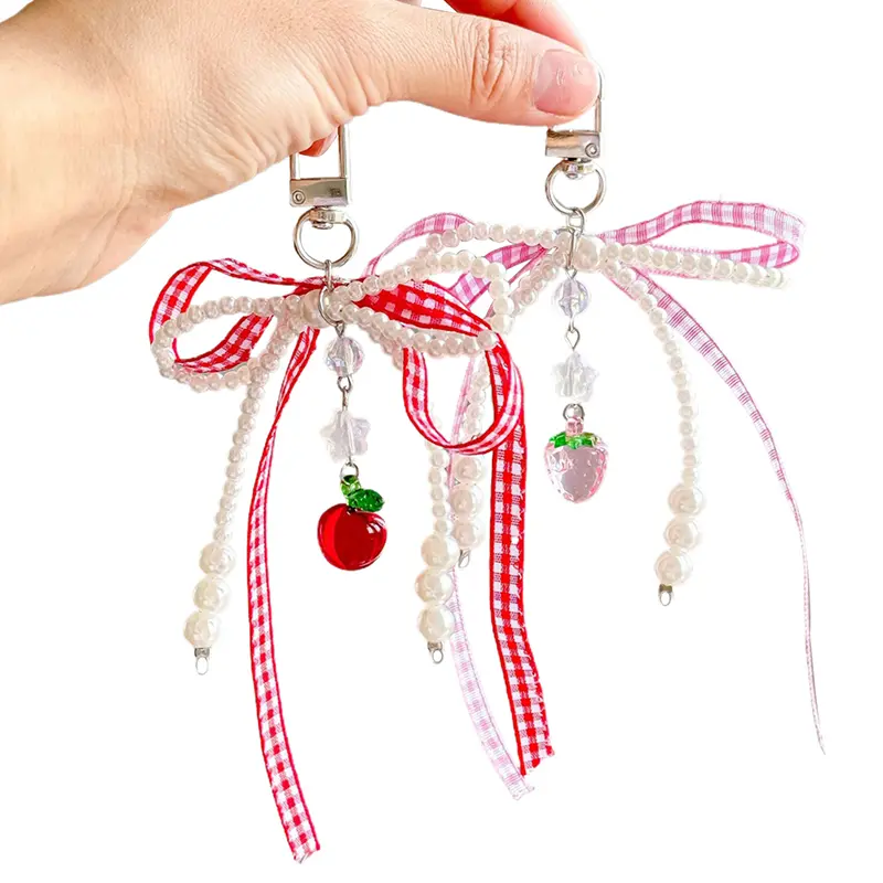 Sweet Plaid Ribbon Keychain Strawberry Charm Keyring Bowknot Pearl Phone Pendant Jewelry For Girl Women Gift Bag Decoration