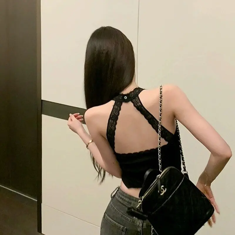 Summer Hot Girls Sexy Halter Lace Patchwork Sleeveless Slim Camisole With Chest Pad