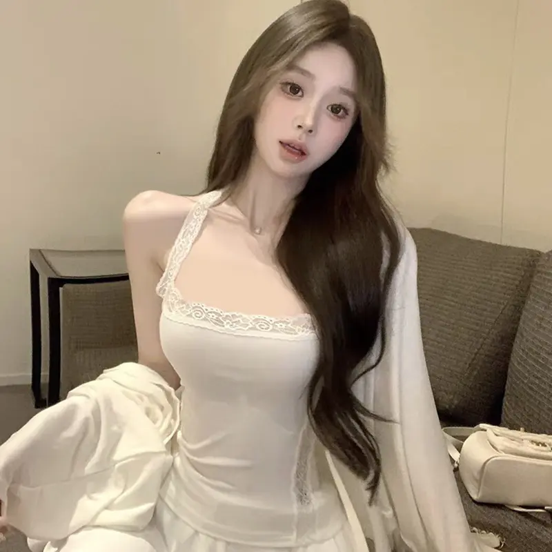 Summer Hot Girls Sexy Halter Lace Patchwork Sleeveless Slim Camisole With Chest Pad