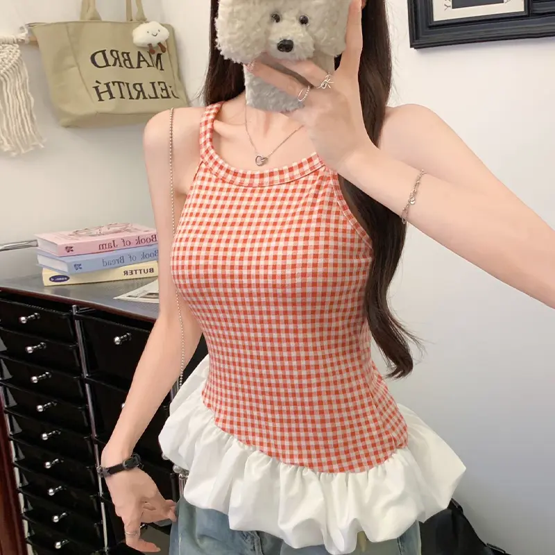 Summer Sweet Retro Plaid Camisole Women's Irregular Ruffled Patchwork Slim Vest