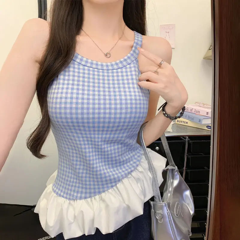 Summer Sweet Retro Plaid Camisole Women's Irregular Ruffled Patchwork Slim Vest