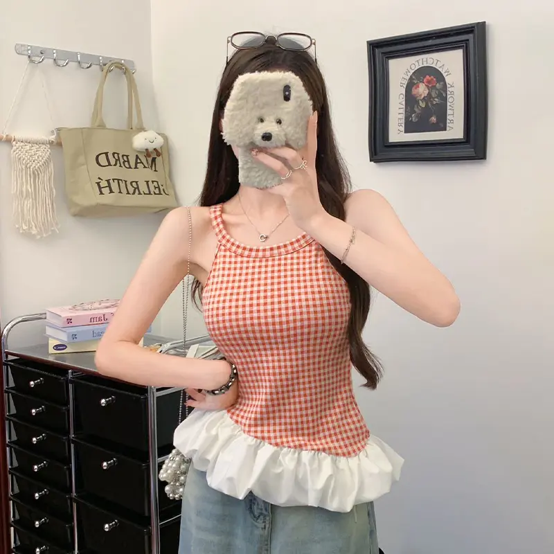 Summer Sweet Retro Plaid Camisole Women's Irregular Ruffled Patchwork Slim Vest