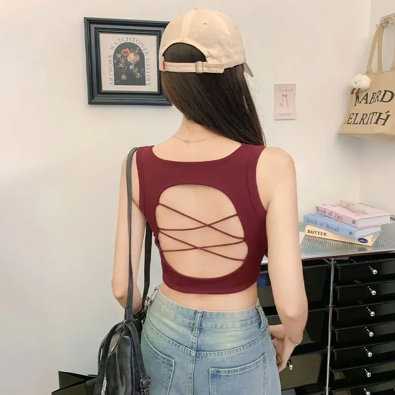 Summer Women's Sexy Round Neck Hollow Backless Sleeveless Slim Camisole Fashion Sports Vest