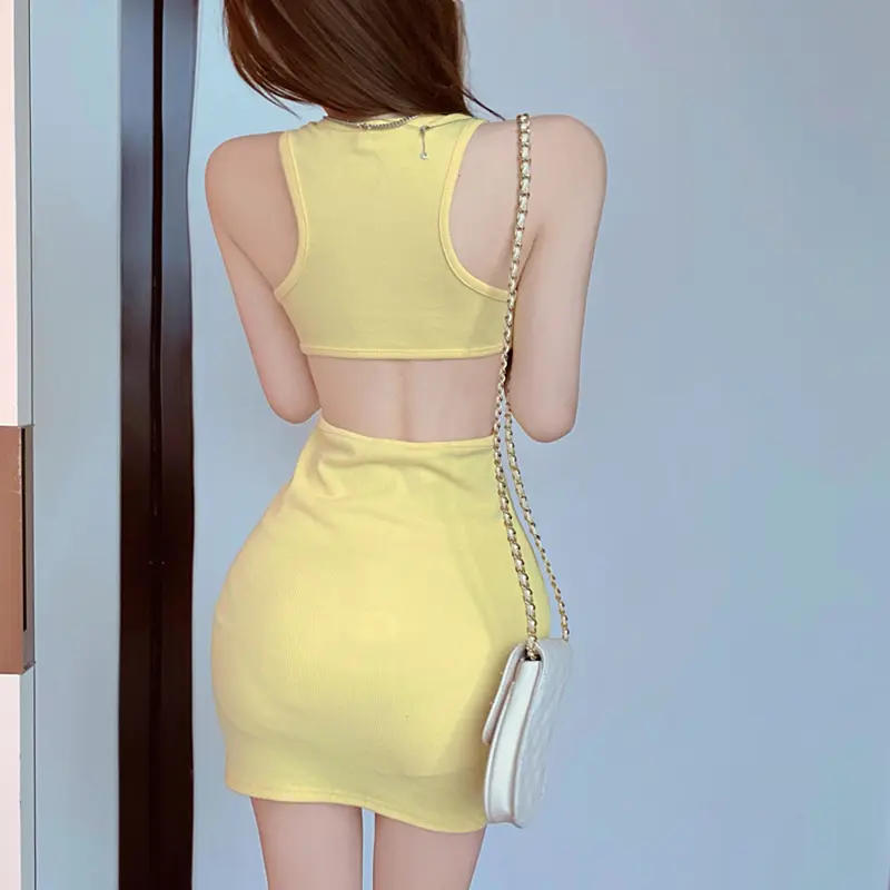 Women Ins Backless Sexy Wrapped Dress Summer Waist Cut-Out I-Shaped Mini Dresses
