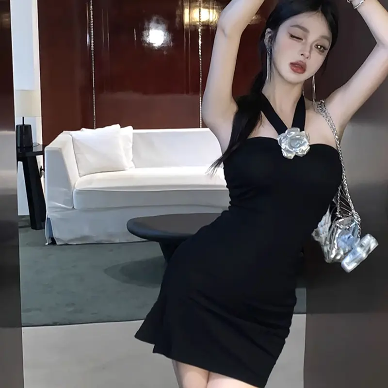 Sexy Pure Style Flower Halter Pleated Women Summer Party Club Wrapped Mini Dress