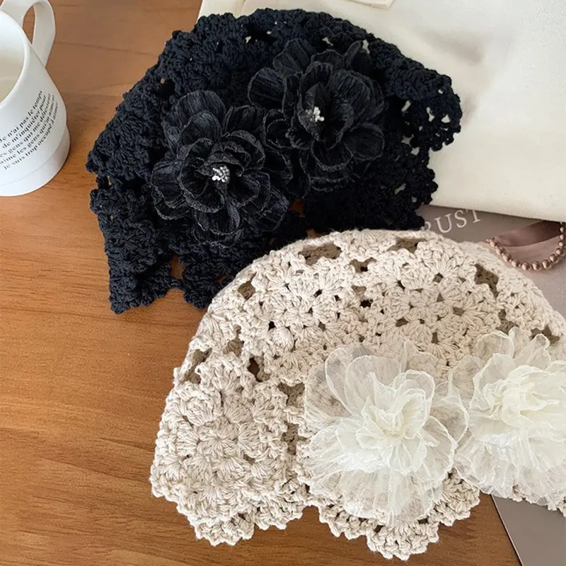 Summer Thin Style Sweet Hollowed Out Beret Cap Lace Knitted Skullies Hat Flowers Breathable Hand Woven All-match Yarn Cap