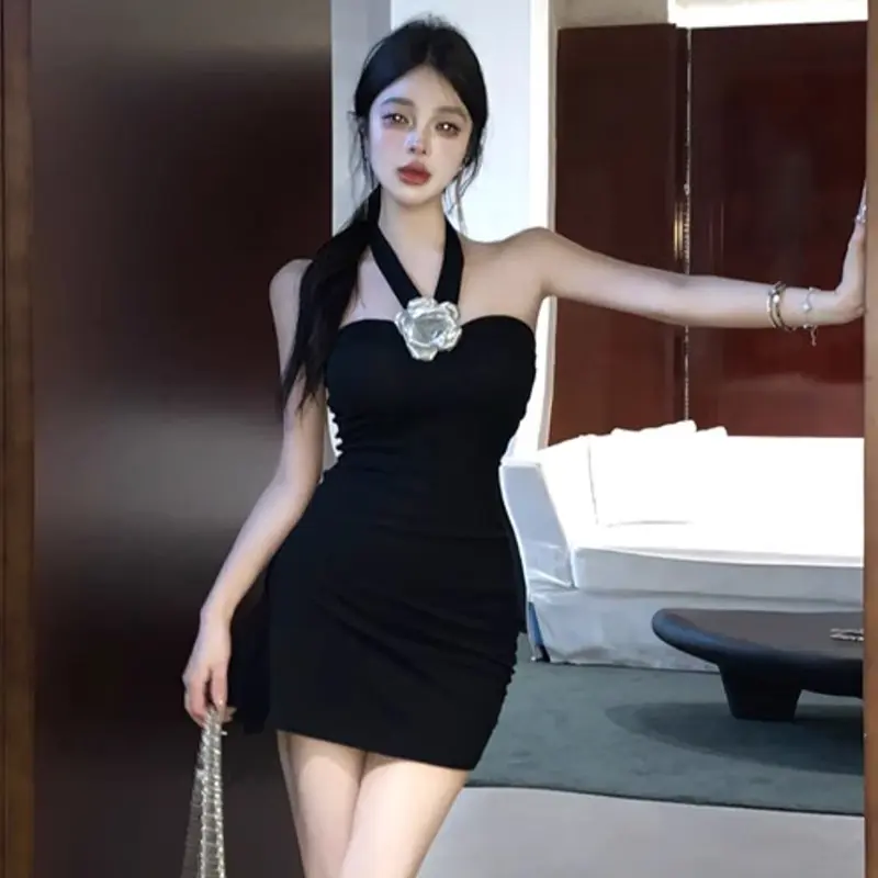 Sexy Pure Style Flower Halter Pleated Women Summer Party Club Wrapped Mini Dress