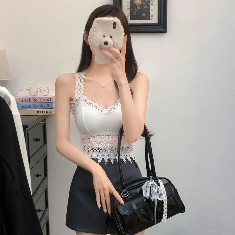 Summer Women's Sexy Lace V-neck Cross Backless Sleeveless Slim Camisole With Chest Pad
