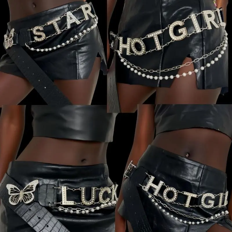 Personalised Y2k Letter Fashion Belt Chain Rhinestone Butterfly Decoration Belt All-match PU Leather Belts Chain
