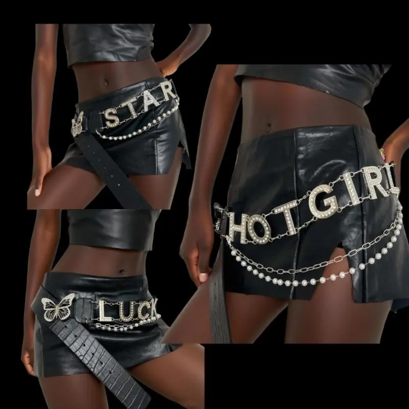 Personalised Y2k Letter Fashion Belt Chain Rhinestone Butterfly Decoration Belt All-match PU Leather Belts Chain