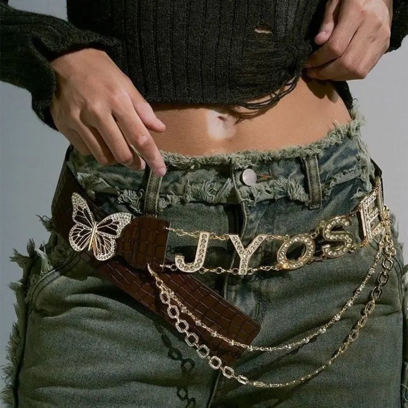 Personalised Y2k Letter Fashion Belt Chain Rhinestone Butterfly Decoration Belt All-match PU Leather Belts Chain