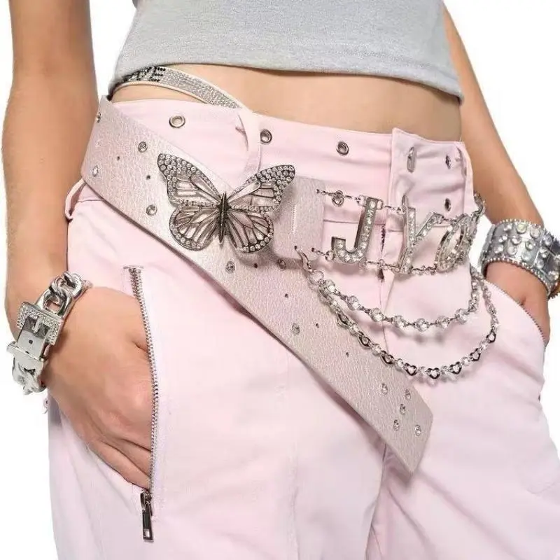 Personalised Y2k Letter Fashion Belt Chain Rhinestone Butterfly Decoration Belt All-match PU Leather Belts Chain