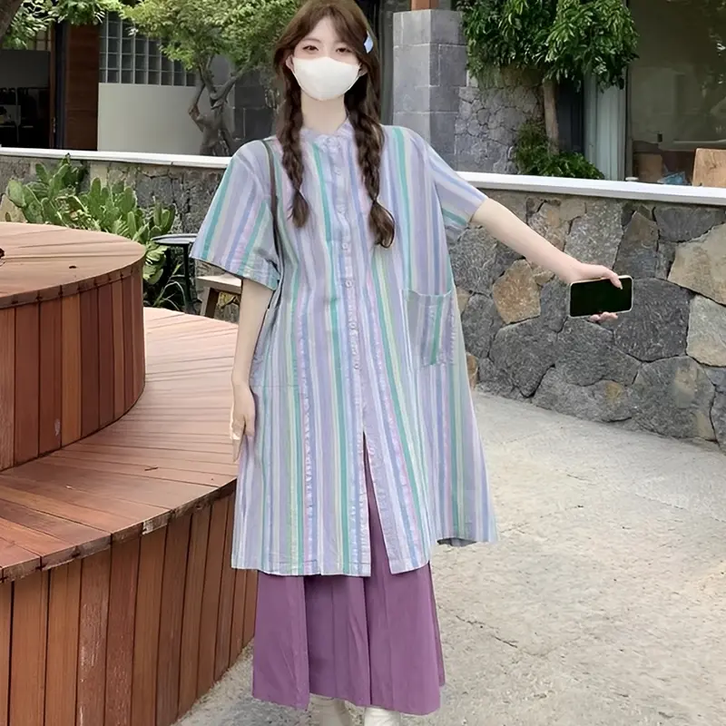 Women's Retro Mid-Length Short Sleeve Striped Shirt Summer Loose Casual Pants