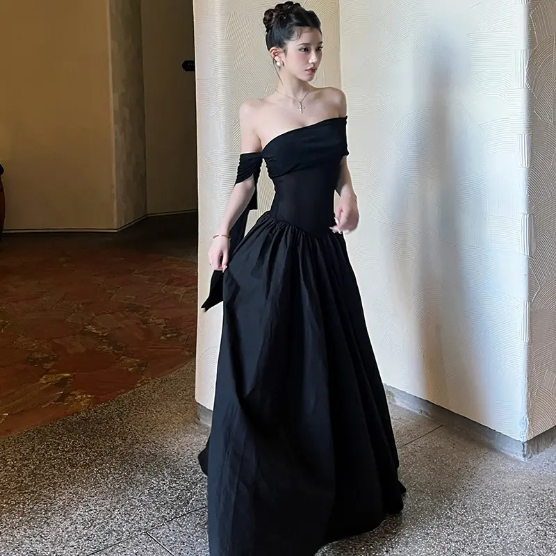 French Hepburn Style One Shoulder Ribbon Women Summer A-line Evening Black Dress