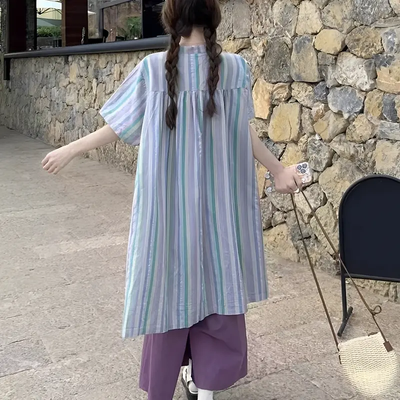 Women's Retro Mid-Length Short Sleeve Striped Shirt Summer Loose Casual Pants