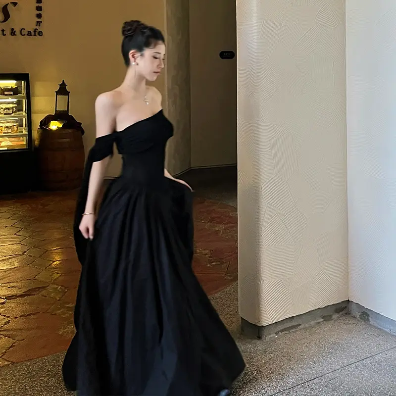French Hepburn Style One Shoulder Ribbon Women Summer A-line Evening Black Dress