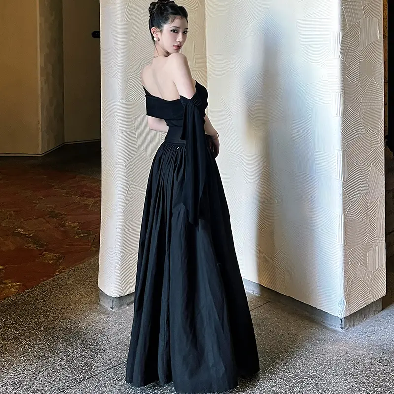 French Hepburn Style One Shoulder Ribbon Women Summer A-line Evening Black Dress