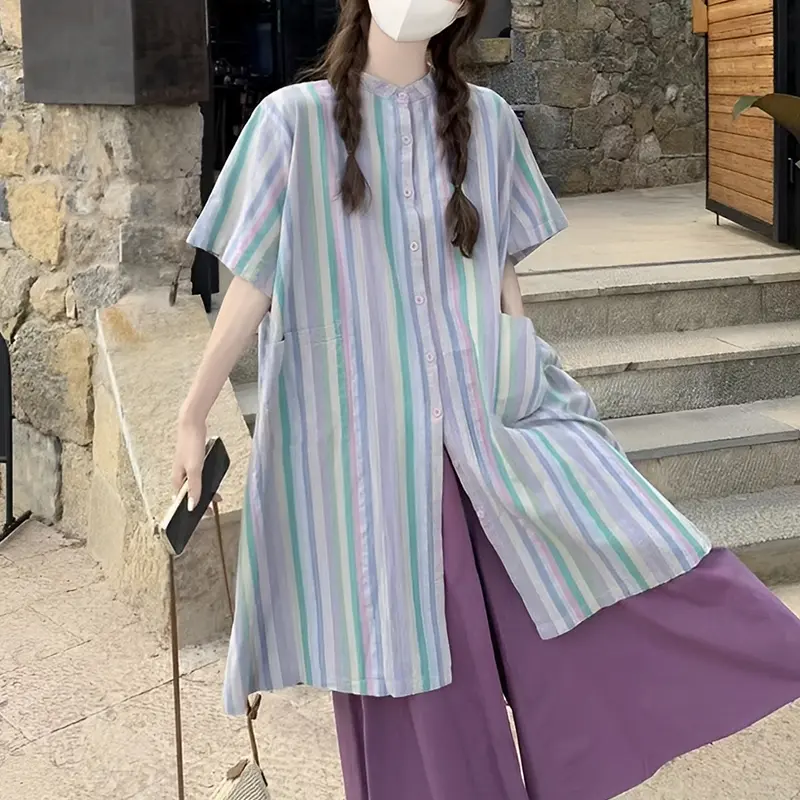 Women's Retro Mid-Length Short Sleeve Striped Shirt Summer Loose Casual Pants