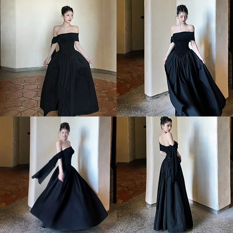 French Hepburn Style One Shoulder Ribbon Women Summer A-line Evening Black Dress