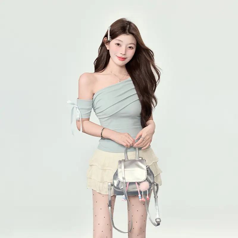 Off-Shoulder Short-Sleeved T-Shirt For Women Summer Sheath Sloping Shoulders Tops