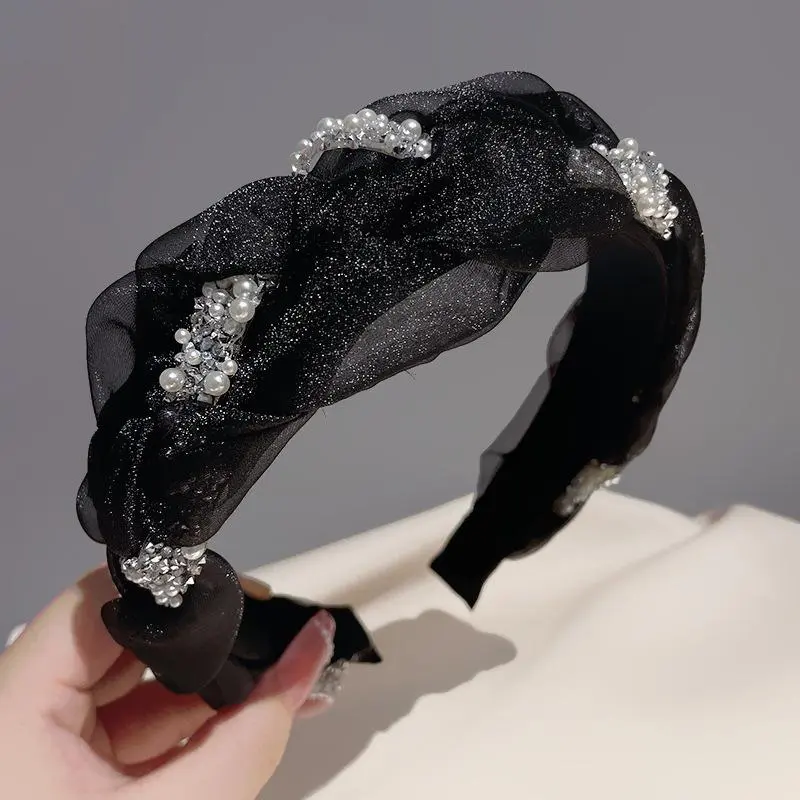 Korean Double Pearl Rhinestone Headband Lace Braided Hairband Hair Hoop Bezel Crystal Headbands For Women Girl Hair Accessories