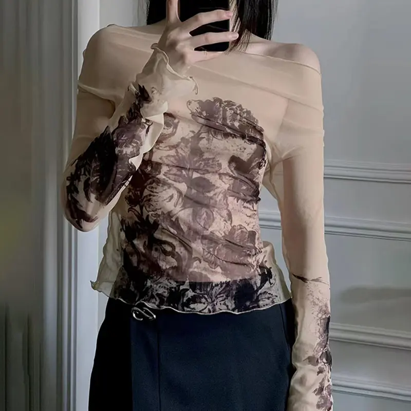 Women's Fashion Retro Thin Mesh Print Off-shoulder Long Sleeve Slim T-Shirt