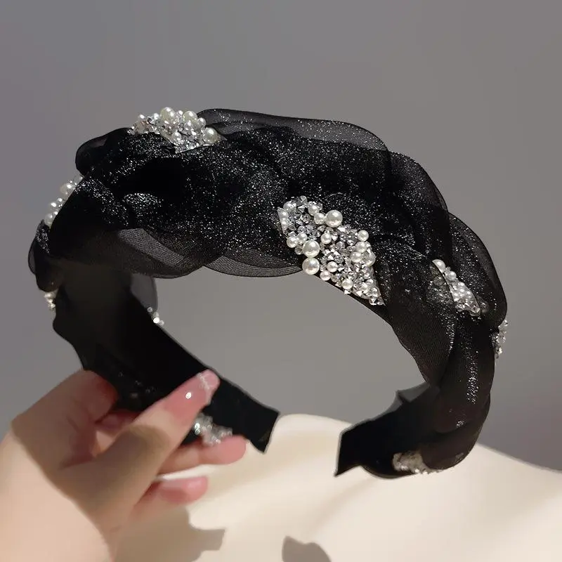 Korean Double Pearl Rhinestone Headband Lace Braided Hairband Hair Hoop Bezel Crystal Headbands For Women Girl Hair Accessories