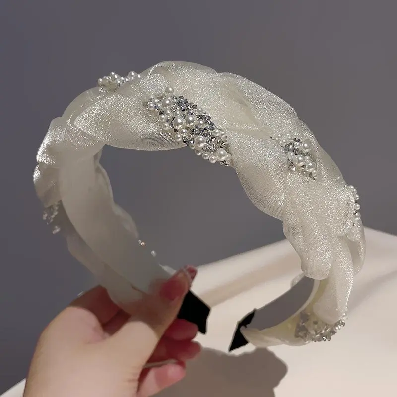 Korean Double Pearl Rhinestone Headband Lace Braided Hairband Hair Hoop Bezel Crystal Headbands For Women Girl Hair Accessories
