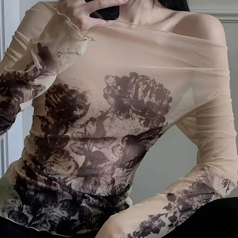 Women's Fashion Retro Thin Mesh Print Off-shoulder Long Sleeve Slim T-Shirt