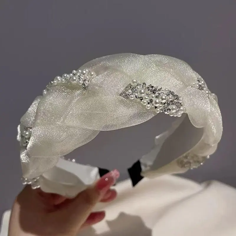 Korean Double Pearl Rhinestone Headband Lace Braided Hairband Hair Hoop Bezel Crystal Headbands For Women Girl Hair Accessories
