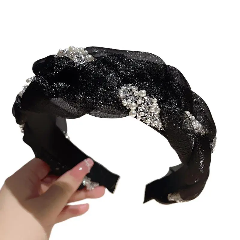 Korean Double Pearl Rhinestone Headband Lace Braided Hairband Hair Hoop Bezel Crystal Headbands For Women Girl Hair Accessories