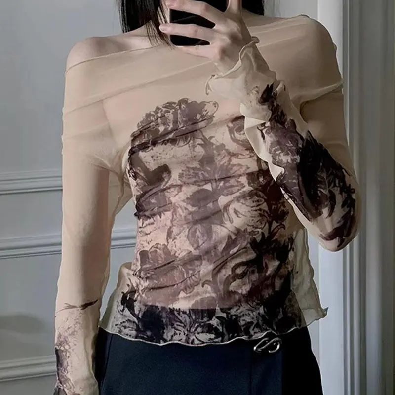 Women's Fashion Retro Thin Mesh Print Off-shoulder Long Sleeve Slim T-Shirt