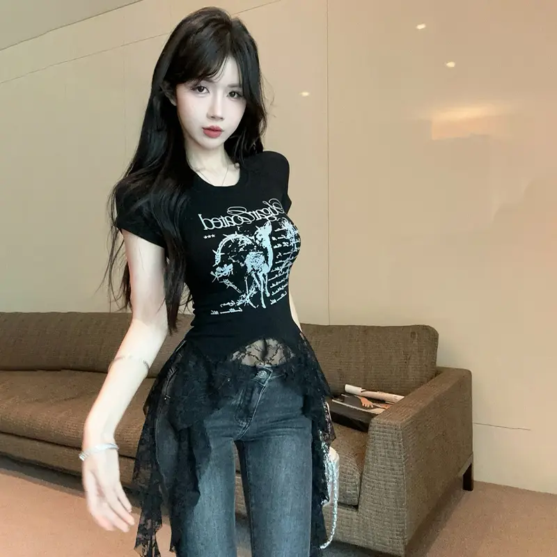 Fashion Lace Patchwork Asymmetrical T-Shirt Women Streetwear Y2K Letter Printed Crop Tops Summer Round Collar Short Sleeve Tees