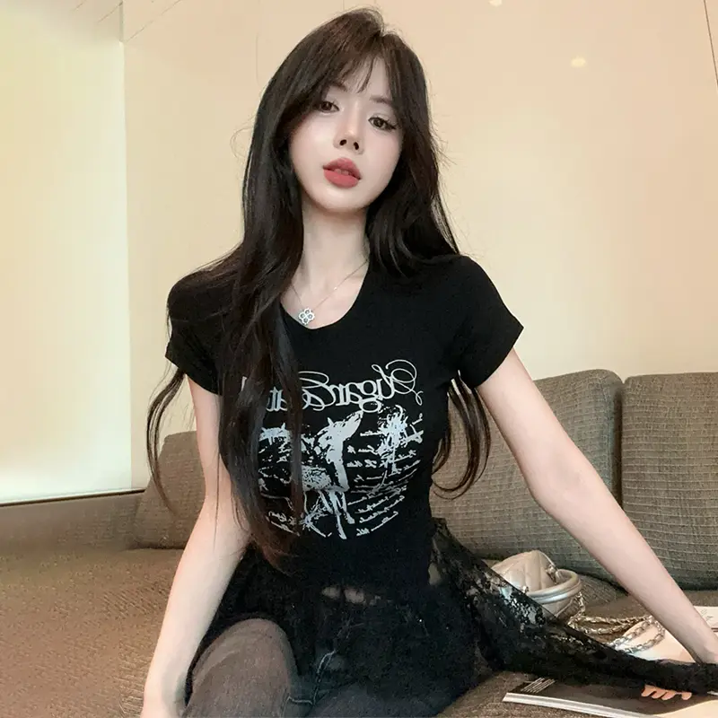 Fashion Lace Patchwork Asymmetrical T-Shirt Women Streetwear Y2K Letter Printed Crop Tops Summer Round Collar Short Sleeve Tees