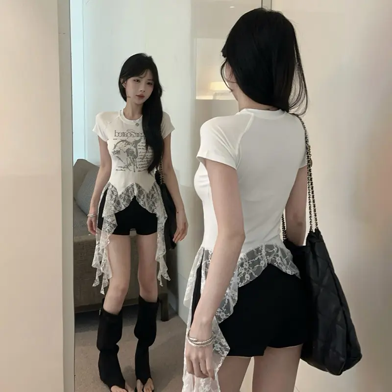 Fashion Lace Patchwork Asymmetrical T-Shirt Women Streetwear Y2K Letter Printed Crop Tops Summer Round Collar Short Sleeve Tees