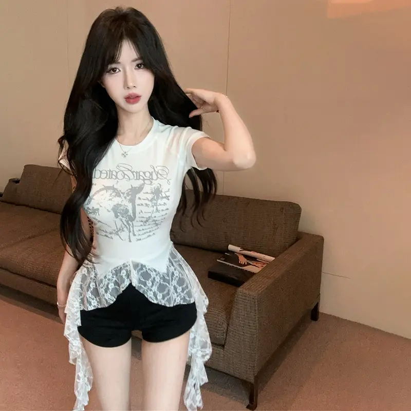 Fashion Lace Patchwork Asymmetrical T-Shirt Women Streetwear Y2K Letter Printed Crop Tops Summer Round Collar Short Sleeve Tees