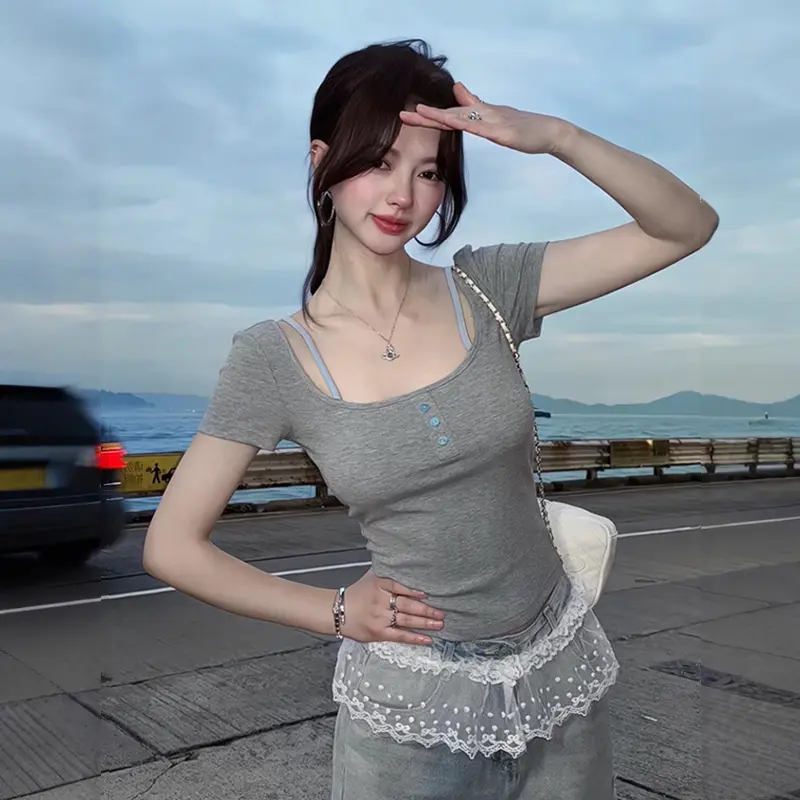 Square Collar Backless Short Sleeve T-Shirt Women Summer Chic Tops With Chest Pad