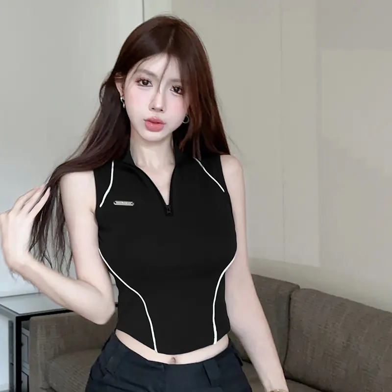 American Fashion Half Zip Stand Collar Patchwork Sleeveless Slim Tank Top Women's Crop Top