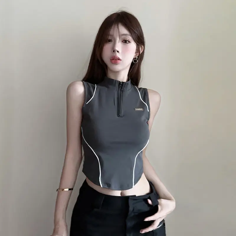 American Fashion Half Zip Stand Collar Patchwork Sleeveless Slim Tank Top Women's Crop Top