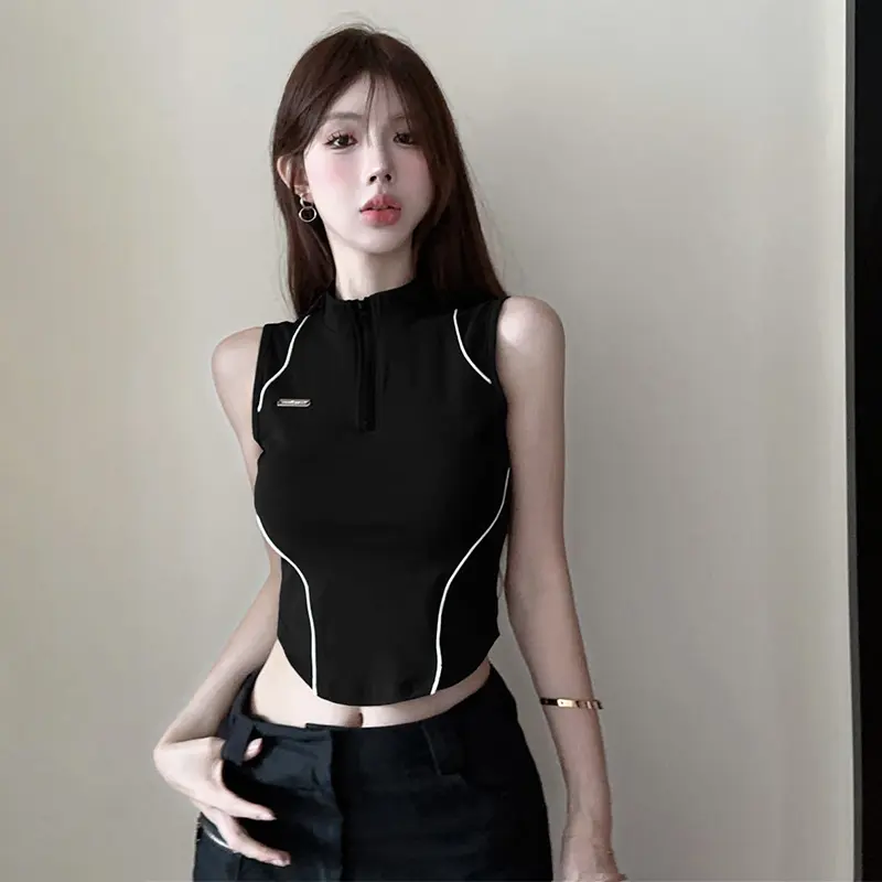 American Fashion Half Zip Stand Collar Patchwork Sleeveless Slim Tank Top Women's Crop Top
